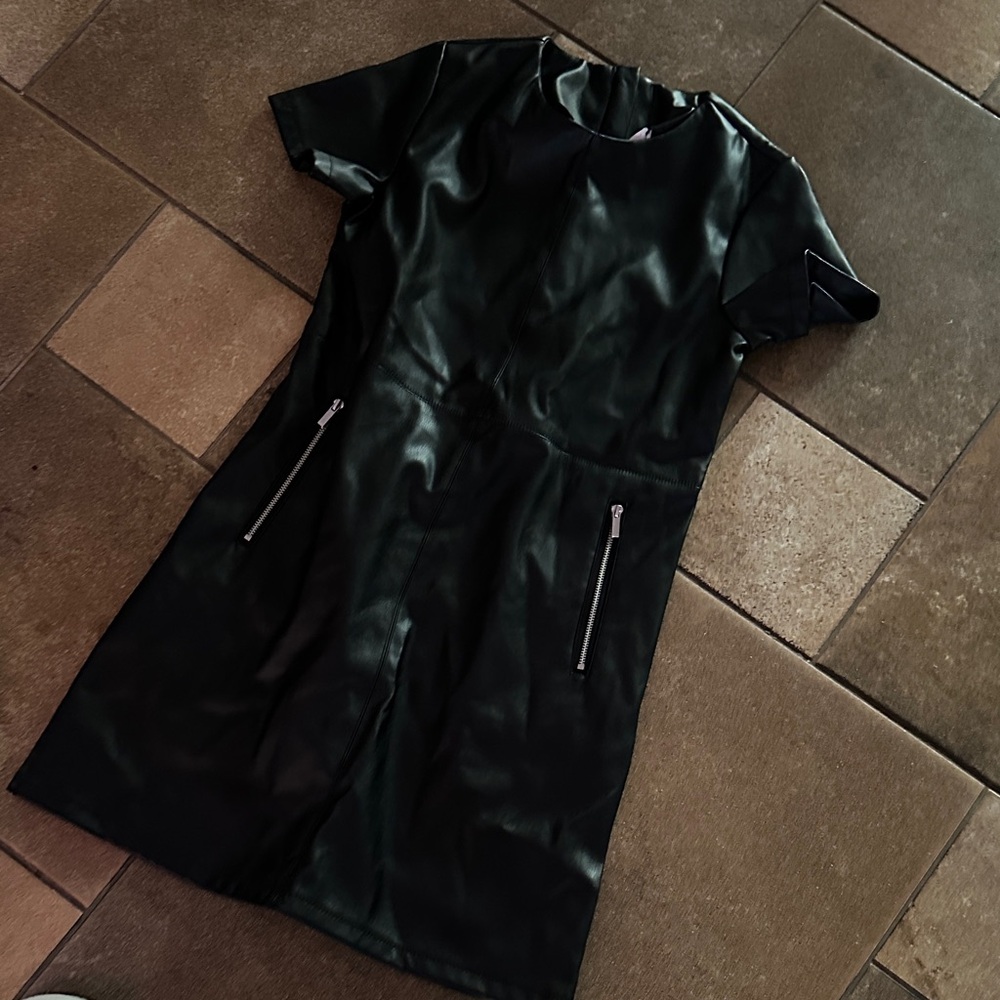 Black Faux Leather Dress with Zipper Details